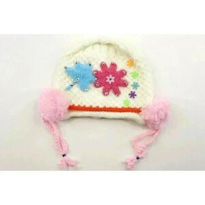 HAND knitted girl hat with knitted applique with beads for 3-6 year old. NEW.